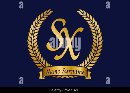 Initial letter S and X, SX monogram logo design with laurel wreath. Luxury golden emblem with calligraphy font. Stock Vector