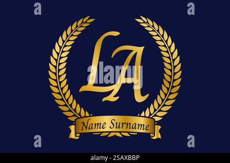 Initial letter L and A, LA monogram logo design with laurel wreath. Luxury golden emblem with calligraphy font. Stock Vector