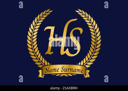 Initial letter H and S, HS monogram logo design with laurel wreath. Luxury golden emblem with calligraphy font. Stock Vector