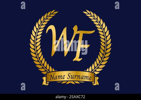 Initial letter W and F, WF monogram logo design with laurel wreath. Luxury golden emblem with calligraphy font. Stock Vector