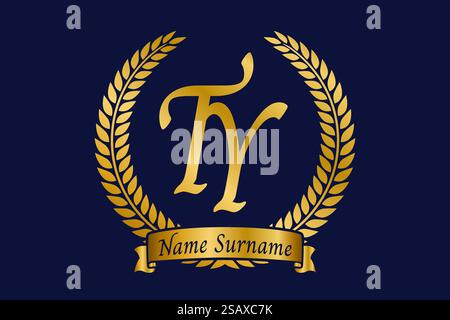 Initial letter T and Y, TY monogram logo design with laurel wreath. Luxury golden emblem with calligraphy font. Stock Vector