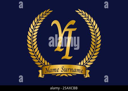Initial letter Y and I, YI monogram logo design with laurel wreath. Luxury golden emblem with calligraphy font. Stock Vector