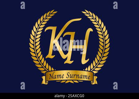 Initial letter K and H, KH monogram logo design with laurel wreath. Luxury golden emblem with calligraphy font. Stock Vector