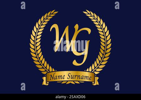 Initial letter W and G, WG monogram logo design with laurel wreath. Luxury golden emblem with calligraphy font. Stock Vector