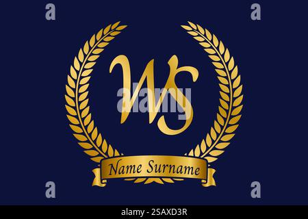 Initial letter W and S, WS monogram logo design with laurel wreath. Luxury golden emblem with calligraphy font. Stock Vector