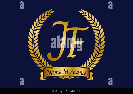 Initial letter J and F, JF monogram logo design with laurel wreath. Luxury golden emblem with calligraphy font. Stock Vector