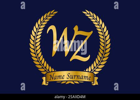 Initial letter W and Z, WZ monogram logo design with laurel wreath. Luxury golden emblem with calligraphy font. Stock Vector