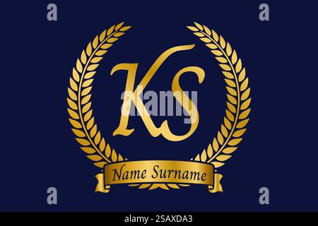 Initial letter K and S, KS monogram logo design with laurel wreath. Luxury golden emblem with calligraphy font. Stock Vector