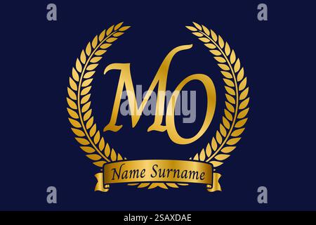 Initial letter M and O, MO monogram logo design with laurel wreath. Luxury golden emblem with calligraphy font. Stock Vector