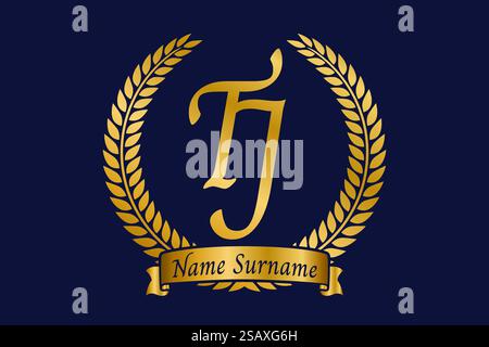 Initial letter T and J, TJ monogram logo design with laurel wreath. Luxury golden emblem with calligraphy font. Stock Vector