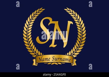 Initial letter S and N, SN monogram logo design with laurel wreath. Luxury golden emblem with calligraphy font. Stock Vector