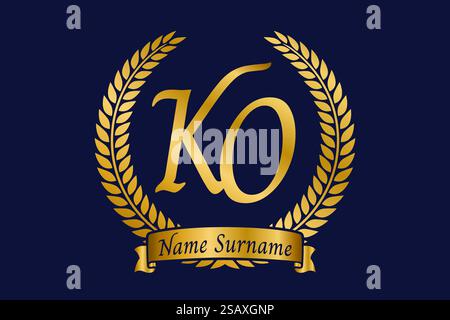 Initial letter K and O, KO monogram logo design with laurel wreath. Luxury golden emblem with calligraphy font. Stock Vector