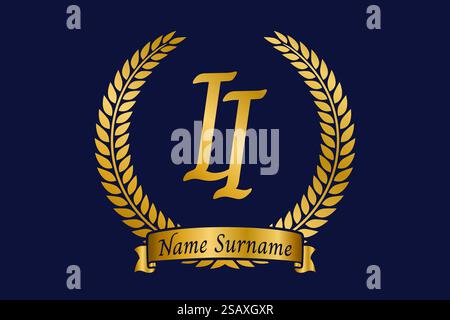 Initial letter I and I, II monogram logo design with laurel wreath. Luxury golden emblem with calligraphy font. Stock Vector