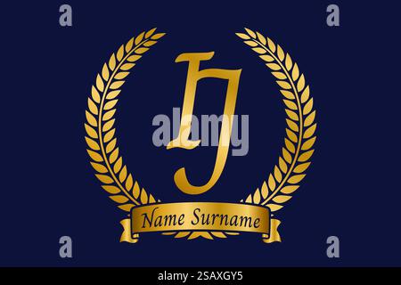 Initial letter I and J, IJ monogram logo design with laurel wreath. Luxury golden emblem with calligraphy font. Stock Vector
