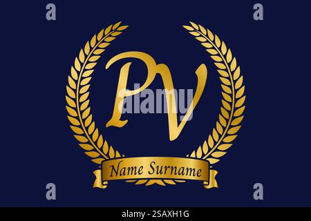 Initial letter P and V, PV monogram logo design with laurel wreath. Luxury golden emblem with calligraphy font. Stock Vector
