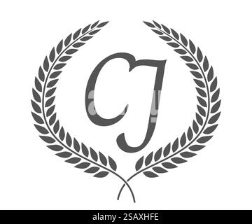 Initial letter C and J, CJ monogram logo design with laurel wreath. Luxury emblem with calligraphy font.. Initial letter C and J, CJ monogram logo design with laurel wreath. Luxury calligraphy font. Stock Vector