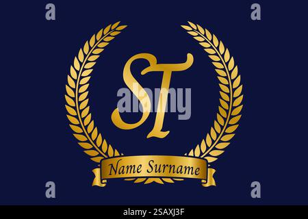 Initial letter S and T, ST monogram logo design with laurel wreath. Luxury golden emblem with calligraphy font. Stock Vector