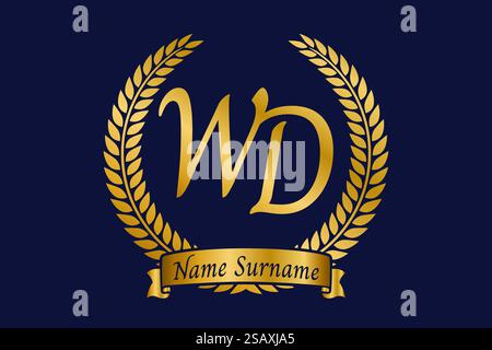 Initial letter W and D, WD monogram logo design with laurel wreath. Luxury golden emblem with calligraphy font. Stock Vector