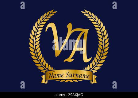 Initial letter V and A, VA monogram logo design with laurel wreath. Luxury golden emblem with calligraphy font. Stock Vector