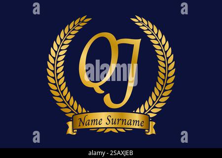Initial letter Q and J, QJ monogram logo design with laurel wreath. Luxury golden emblem with calligraphy font. Stock Vector