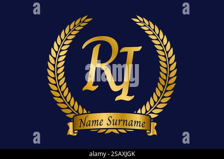 Initial letter R and I, RI monogram logo design with laurel wreath. Luxury golden emblem with calligraphy font. Stock Vector