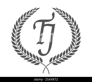 Initial letter T and J, TJ monogram logo design with laurel wreath. Luxury emblem with calligraphy font.. Initial letter T and J, TJ monogram logo design with laurel wreath. Luxury calligraphy font. Stock Vector