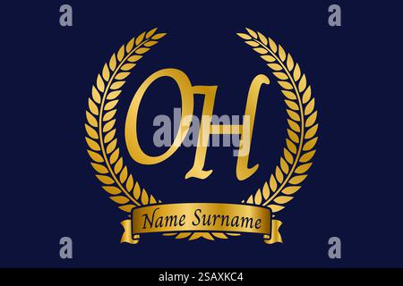 Initial letter O and H, OH monogram logo design with laurel wreath. Luxury golden emblem with calligraphy font. Stock Vector