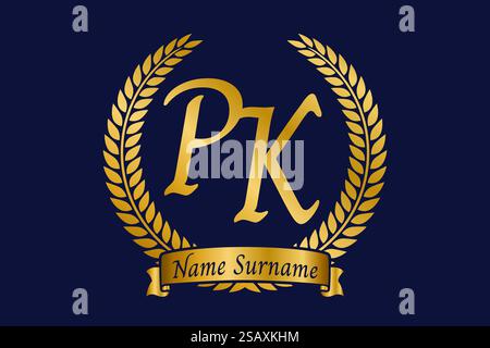 Initial letter P and K, PK monogram logo design with laurel wreath. Luxury golden emblem with calligraphy font. Stock Vector