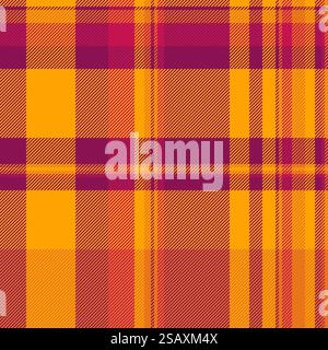 Tropical fabric vector texture, classic textile background check. Suit plaid tartan seamless pattern in orange and pink colors. Stock Vector