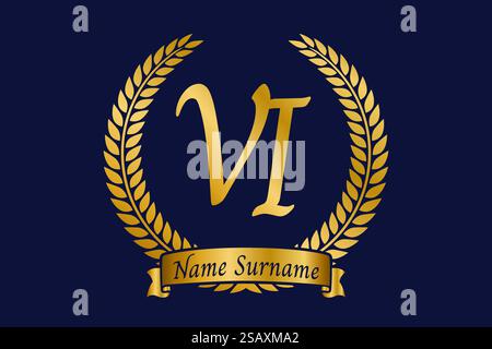 Initial letter V and I, VI monogram logo design with laurel wreath. Luxury golden emblem with calligraphy font. Stock Vector