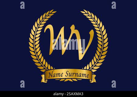 Initial letter W and V, WV monogram logo design with laurel wreath. Luxury golden emblem with calligraphy font. Stock Vector