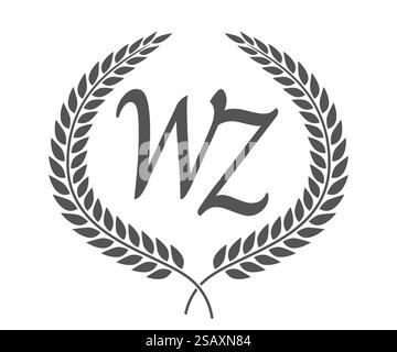 Initial letter W and Z, WZ monogram logo design with laurel wreath. Luxury emblem with calligraphy font.. Initial letter W and Z, WZ monogram logo design with laurel wreath. Luxury calligraphy font. Stock Vector