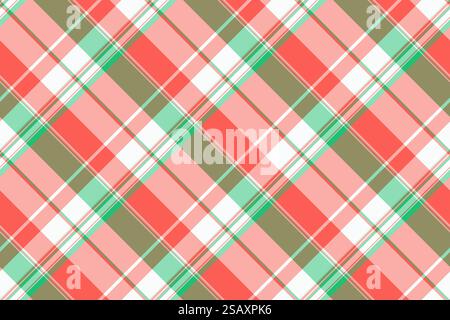 Checker textile texture background, patterned fabric plaid pattern. Color check vector seamless tartan in red and mint colors palette. Stock Vector