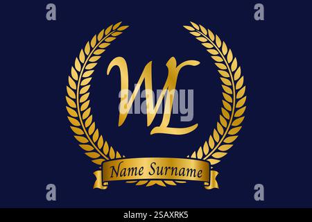 Initial letter W and L, WL monogram logo design with laurel wreath. Luxury golden emblem with calligraphy font. Stock Vector