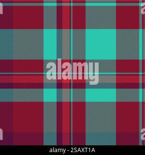 Tone texture check background, nostalgia textile plaid seamless. Tablecloth vector fabric tartan pattern in red and teal colors. Stock Vector