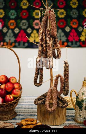 rich village table, pies, sausages, bread. High quality photo Stock Photo