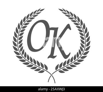 Initial letter O and K, OK monogram logo design with laurel wreath. Luxury emblem with calligraphy font.. Initial letter O and K, OK monogram logo design with laurel wreath. Luxury calligraphy font. Stock Vector