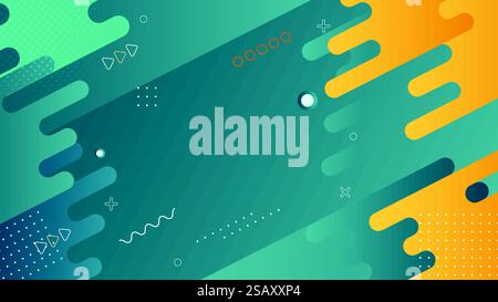 Dynamic Memphis-style background featuring teal and yellow hues with geometric shapes, dotted patterns, and playful accents. Perfect for presentations Stock Vector