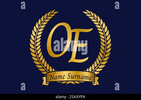 Initial letter O and E, OE monogram logo design with laurel wreath. Luxury golden emblem with calligraphy font. Stock Vector