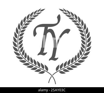 Initial letter T and Y, TY monogram logo design with laurel wreath. Luxury emblem with calligraphy font.. Initial letter T and Y, TY monogram logo design with laurel wreath. Luxury calligraphy font. Stock Vector