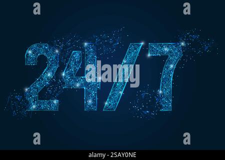 Abstract isolated blue image of signboard 24 7 open hours time. Polygonal low poly wireframe illustration looks like stars in the black night sky in Stock Vector