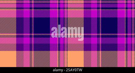 60s vector textile plaid, cool tartan fabric background. Large pattern texture seamless check in purple and indigo color. Stock Vector