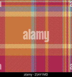 Tailor tartan vector texture, warp pattern check textile. Daisy plaid background seamless fabric in orange and red colors palette. Stock Vector