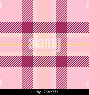 Greeting card texture vector pattern, fashionable plaid textile fabric. Season check tartan seamless background in pink and light colors palette. Stock Vector