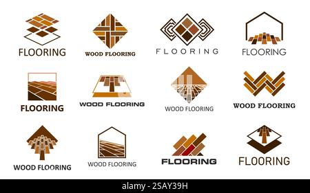 Wooden floor icons, wood parquet tile and flooring service, vector interior design, carpentry construction materials. Wood planks, parquet tiles, viny Stock Vector