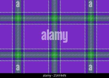 Pyjamas check seamless pattern, other tartan texture fabric. Blanket background plaid vector textile in violet and green colors palette. Stock Vector