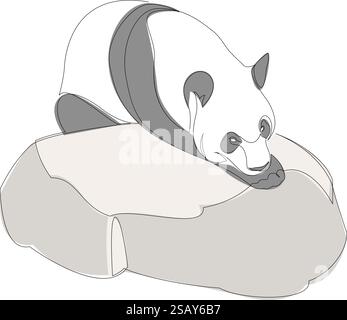 One line panda bear resting on a rock design silhouette. Hand drawn minimalism style vector illustration Stock Vector