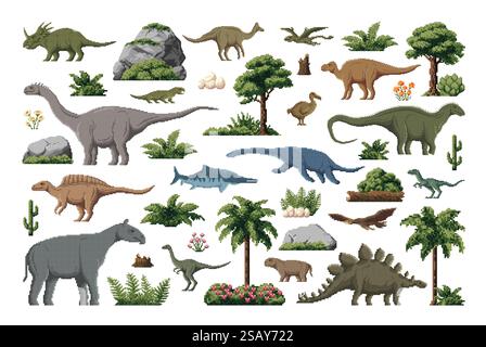 Prehistoric 8 bit pixel art dinosaurs for game assets and GUI elements, vector icons. Jurassic lizards, dino world animals, reptiles and birds for 8bi Stock Vector