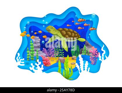 Paper cut underwater landscape with turtle surrounded by vibrant fish ...