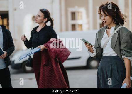 Multicultural business team analyzing sales strategies outdoors Stock Photo